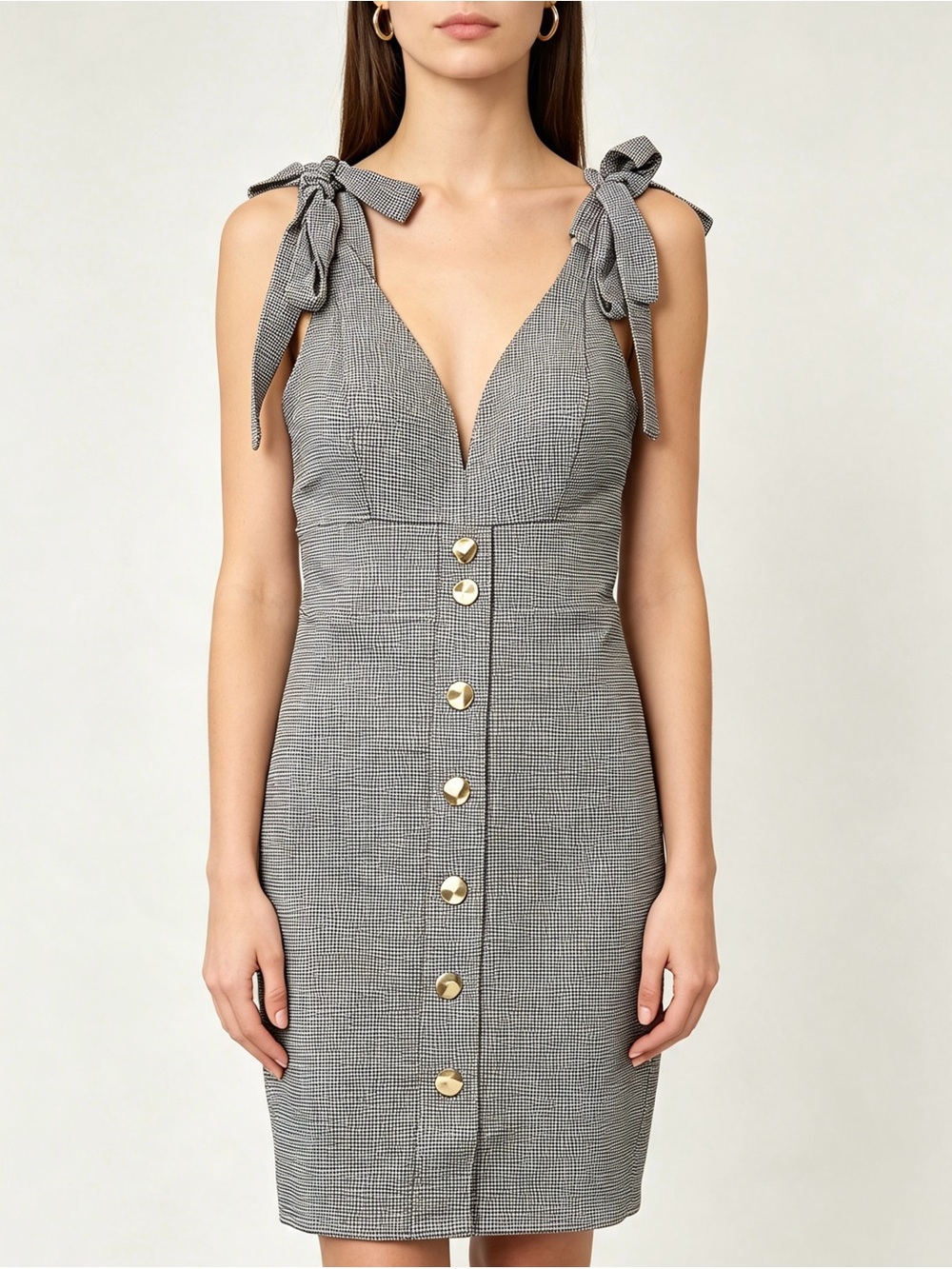 Entry Black & White Houndstooth Mini Dress with Gold Buttons
